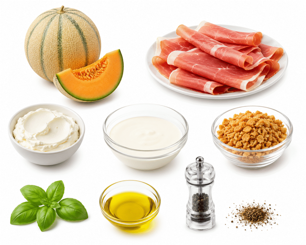 Tiramisu estival au melon, jambon cru et fromage frais