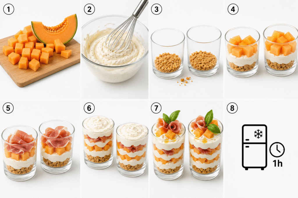 Tiramisu estival au melon, jambon cru et fromage frais