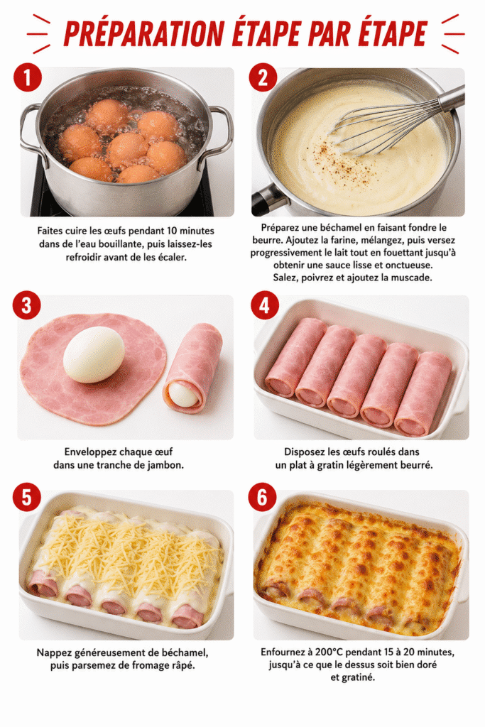 Œufs roulés au jambon gratinés