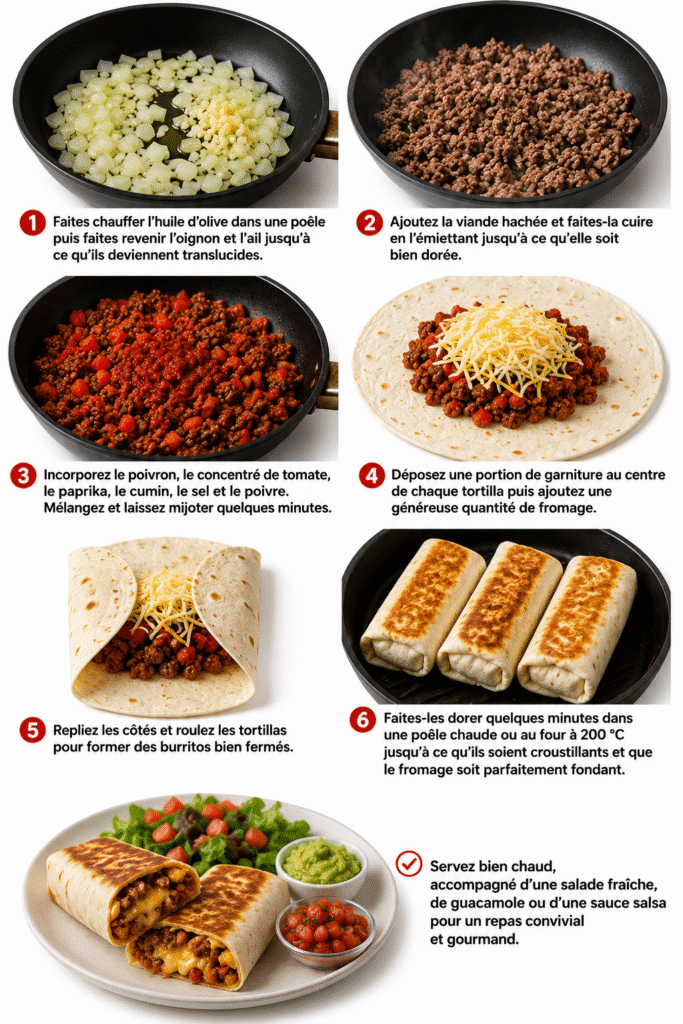 Burritos à la viande hachée avec un cœur de fromage fondant 3 Burritos à la viande hachée avec un cœur de fromage fondant