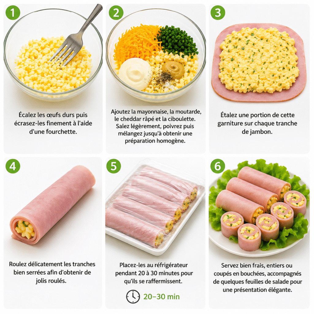 Roulés de jambon aux œufs mimosa et cheddar