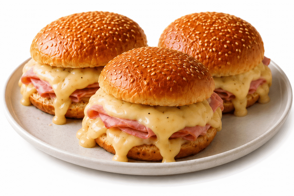Mini burgers briochés au jambon, cheddar et sauce au fromage 4 Mini burgers briochés au jambon, cheddar et sauce au fromage