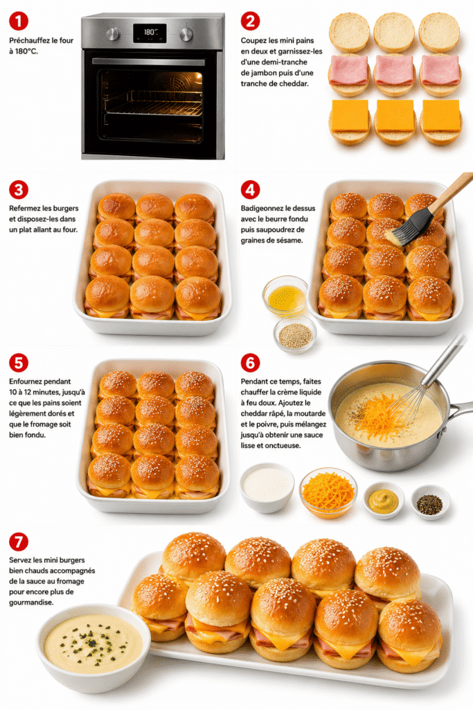 Mini burgers briochés au jambon, cheddar et sauce au fromage 3 Mini burgers briochés au jambon, cheddar et sauce au fromage