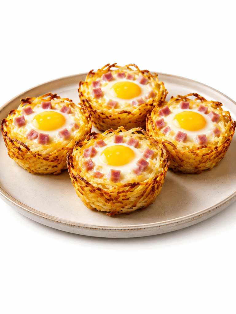 Nids de pommes de terre, œufs, jambon et fromage