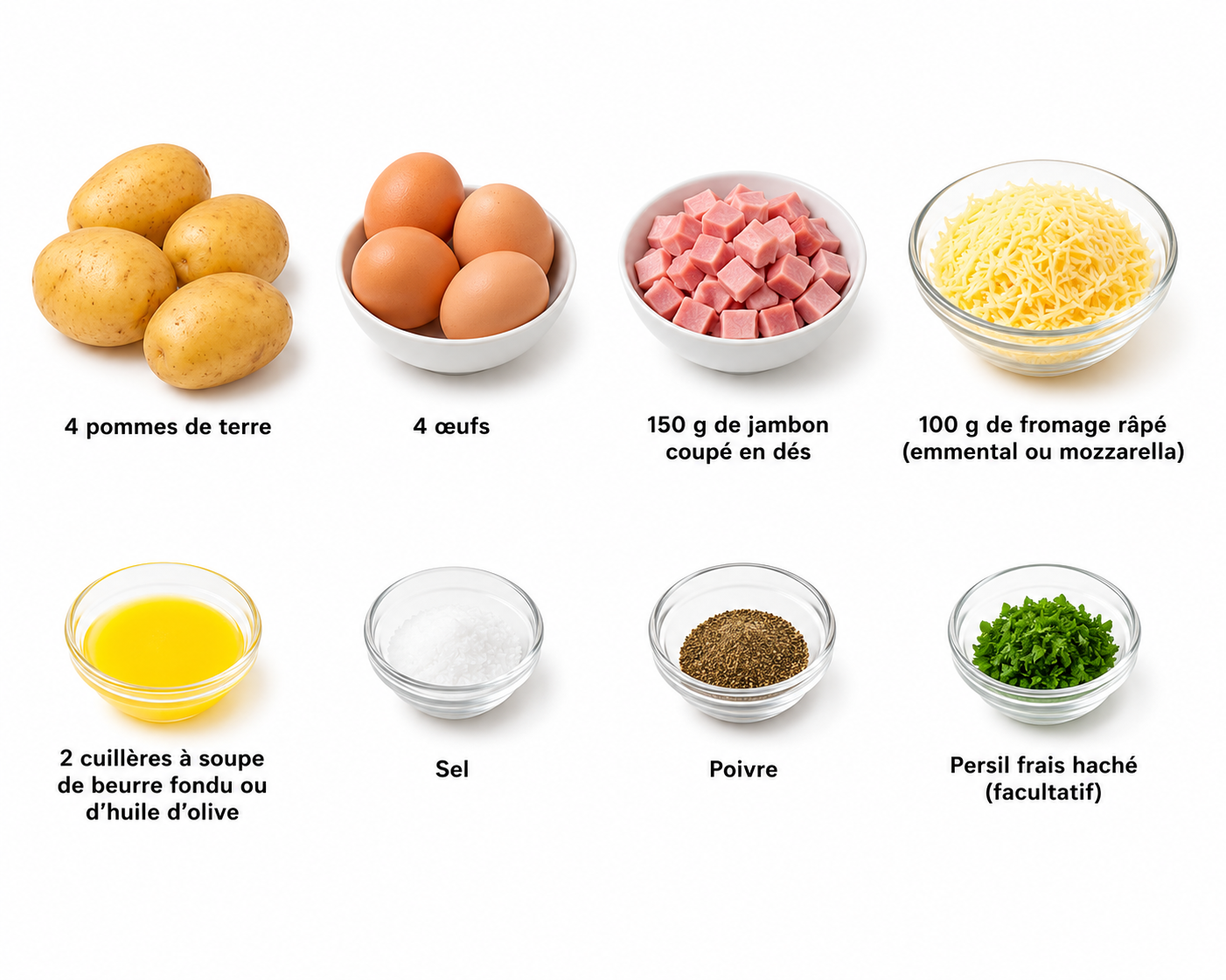 Nids de pommes de terre, œufs, jambon et fromage
