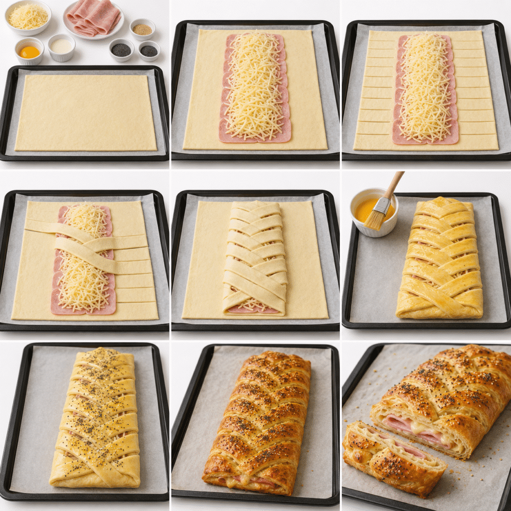 Roulé feuilleté tressé jambon & fromage : croustillant, fondant et spectaculaire 3 Roulé feuilleté tressé jambon & fromage