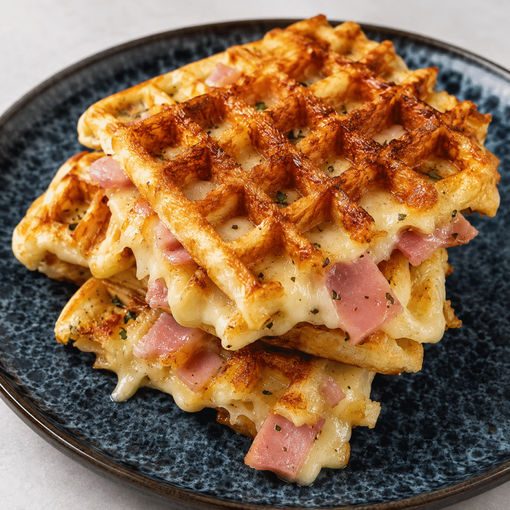 Gaufres salées croustillantes au jambon et fromage : dorées, moelleuses et irrésistibles 4 Gaufres salées croustillantes au jambon