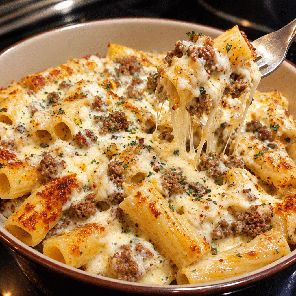 Garlic Butter Beef Rigatoni in Creamy Four-Cheese Parmesan Sauce