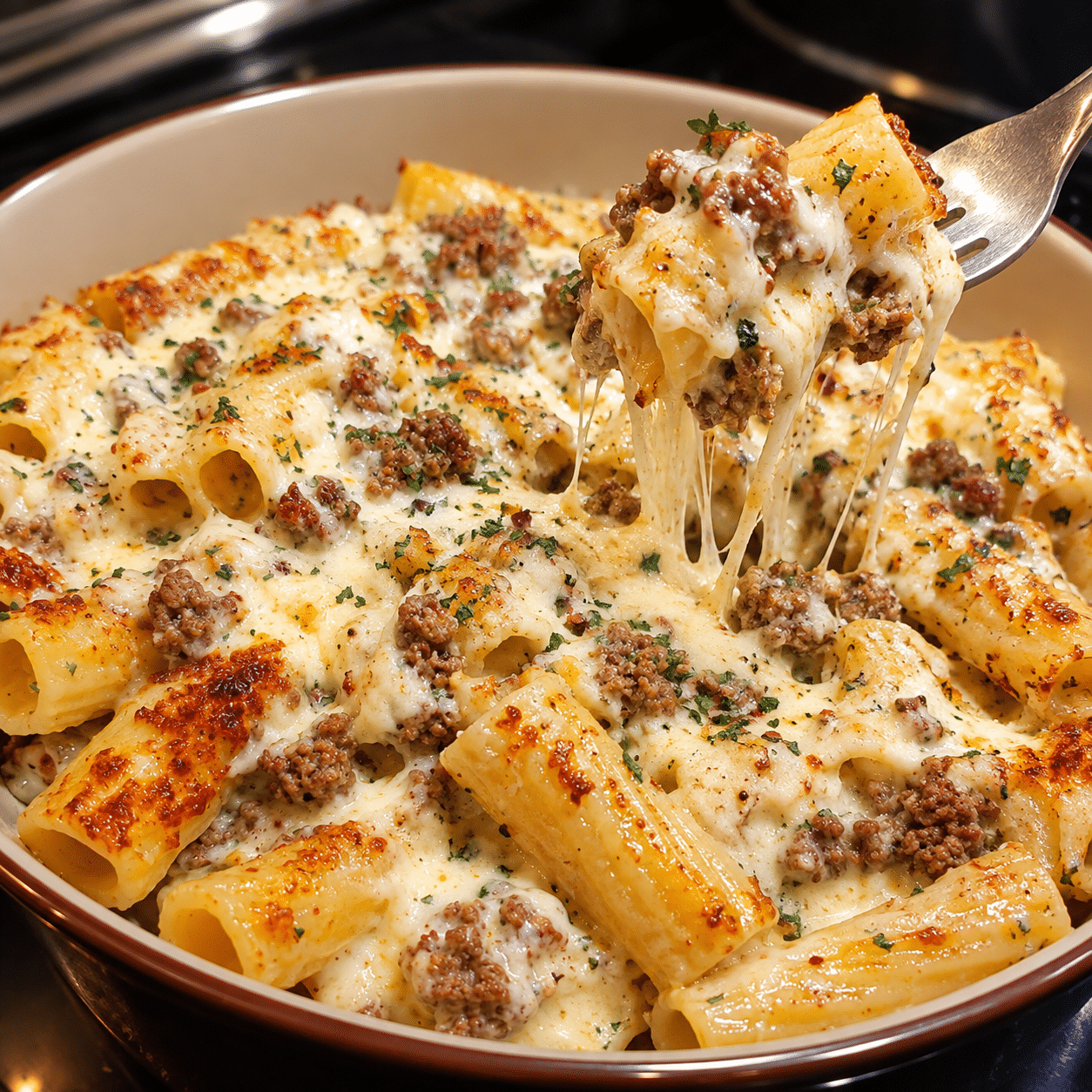 Home 2 Garlic Butter Beef Rigatoni in Creamy Four-Cheese Parmesan Sauce