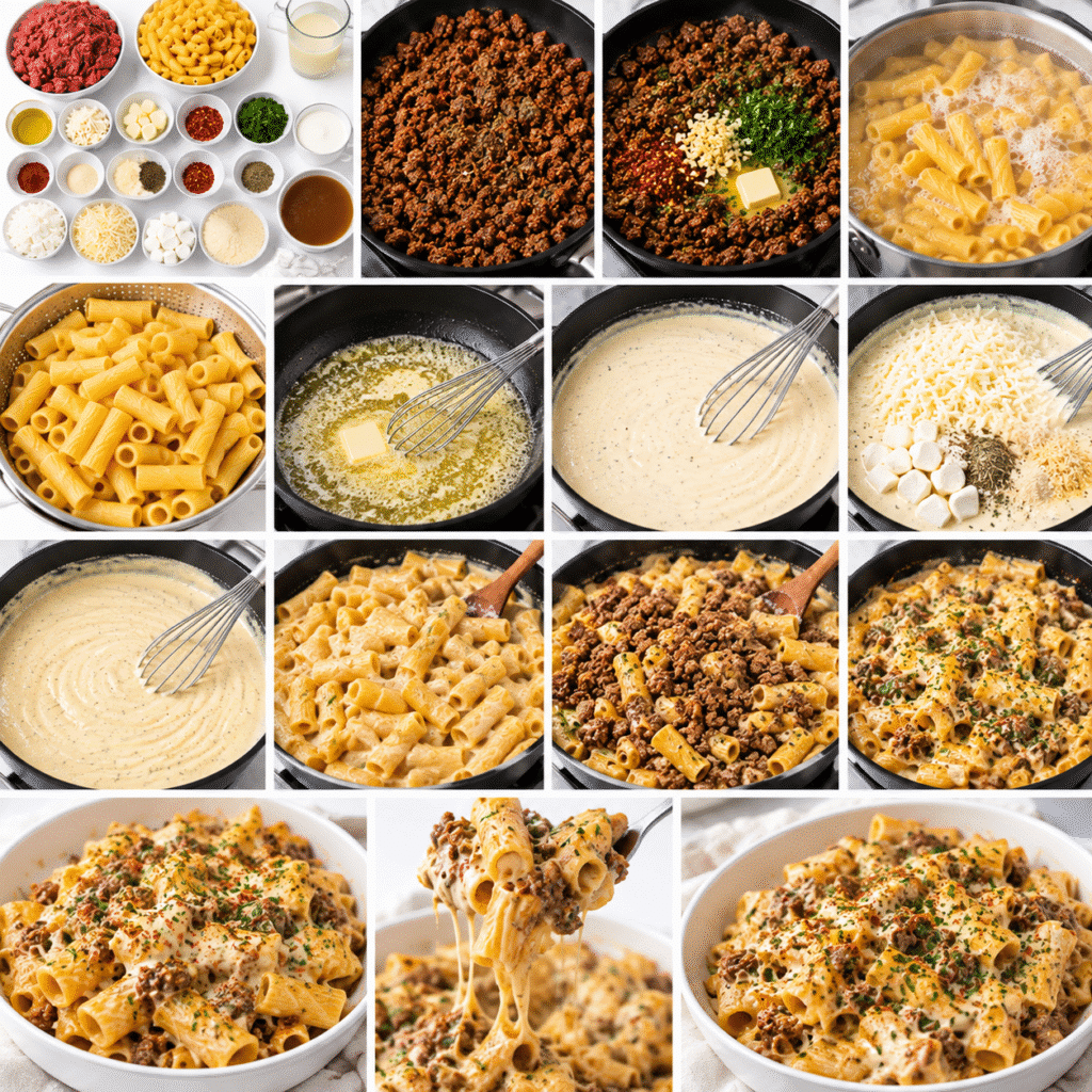 Garlic Butter Beef Rigatoni in Creamy Four-Cheese Parmesan Sauce 2 Garlic Butter Beef Rigatoni in Creamy Four-Cheese Parmesan Sauce