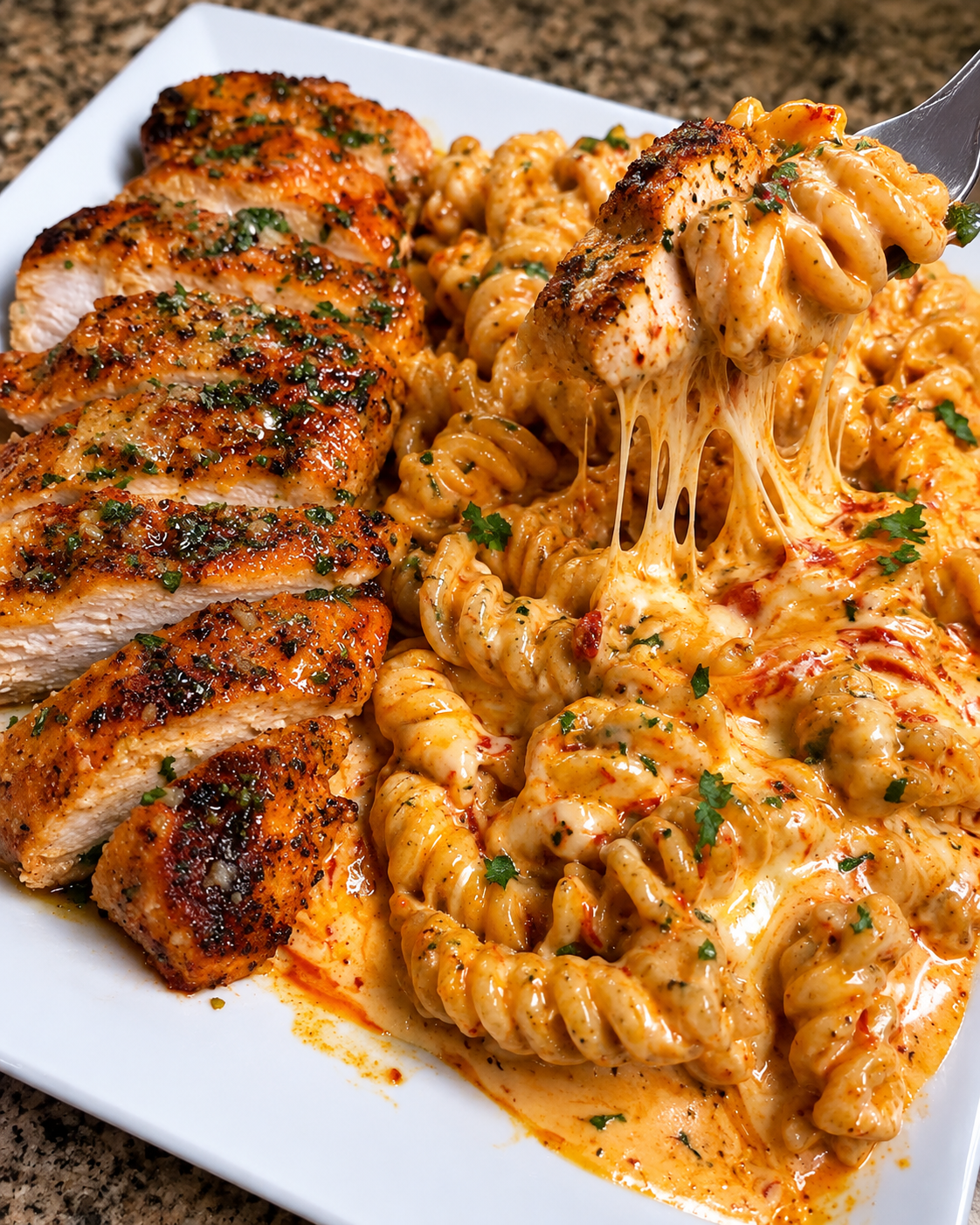 Garlic Parmesan Chicken Bites over Creamy Cajun Twisted Pasta