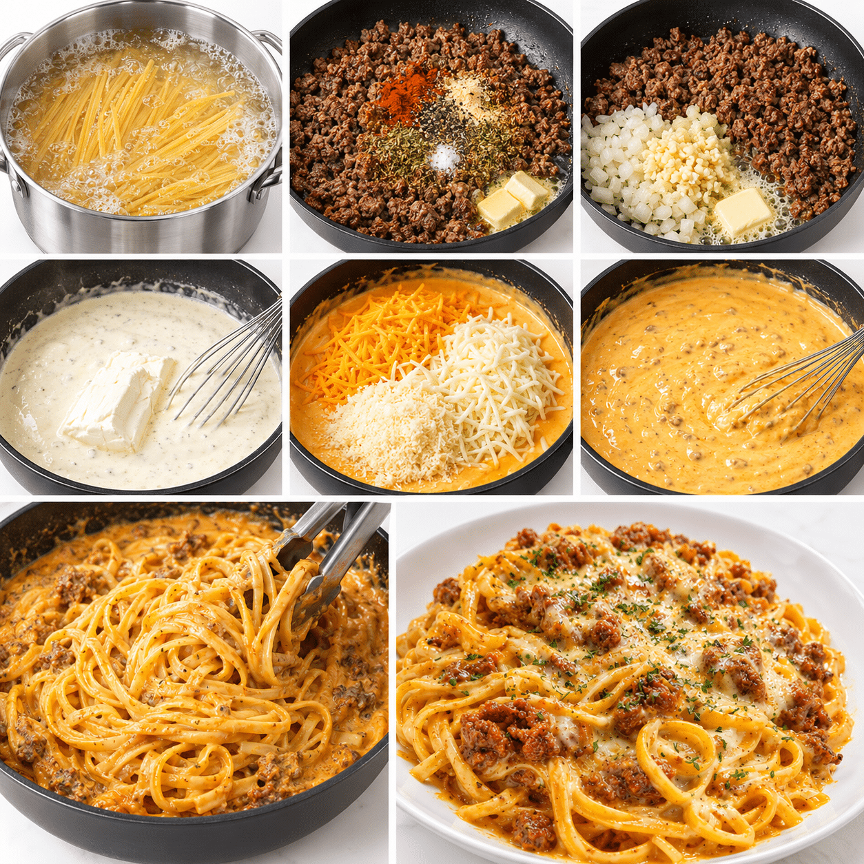 Garlic Butter Beef Linguine with Creamy Cheddar Parmesan Cream Sauce