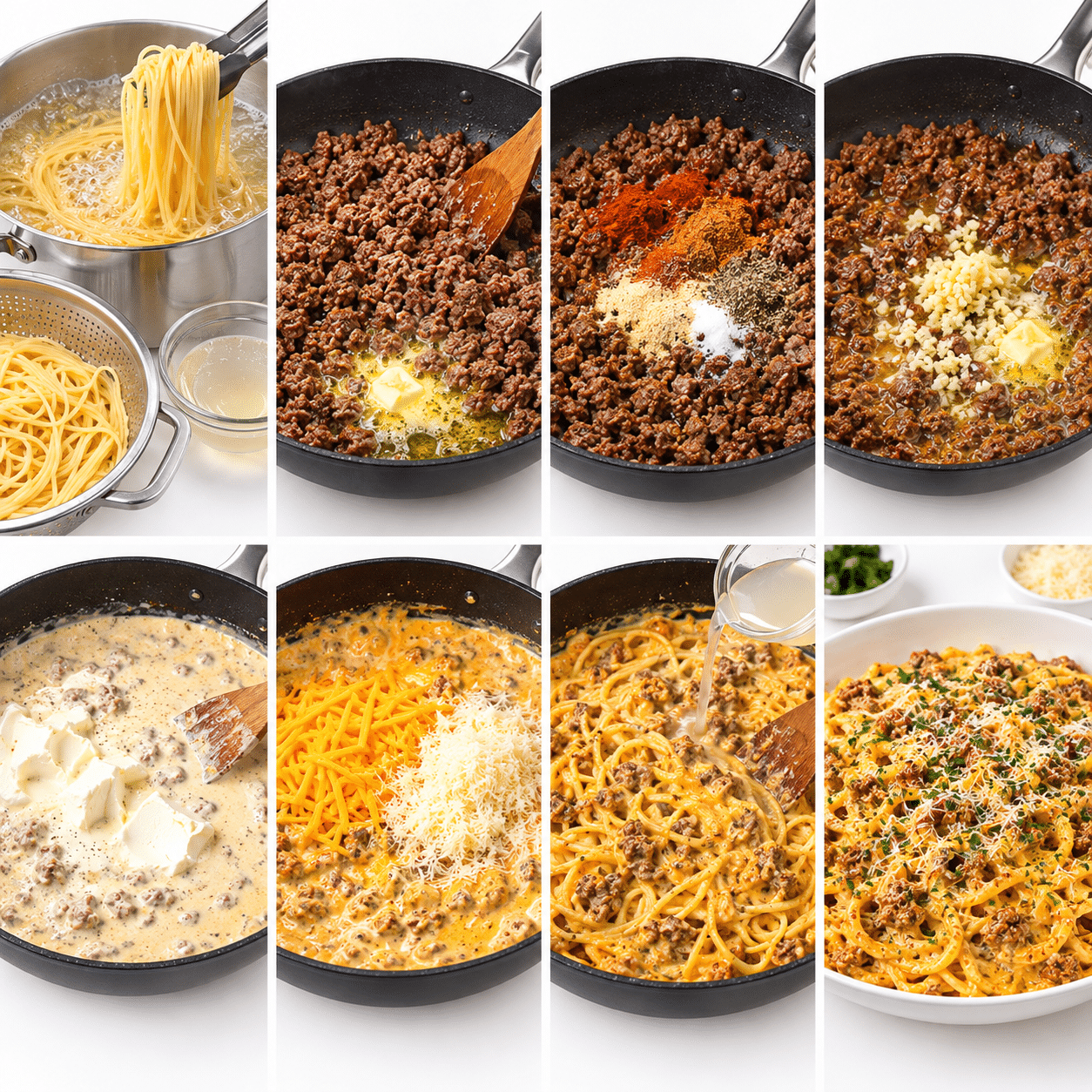 Beef Spaghetti with Garlic Cheddar Cream Sauce