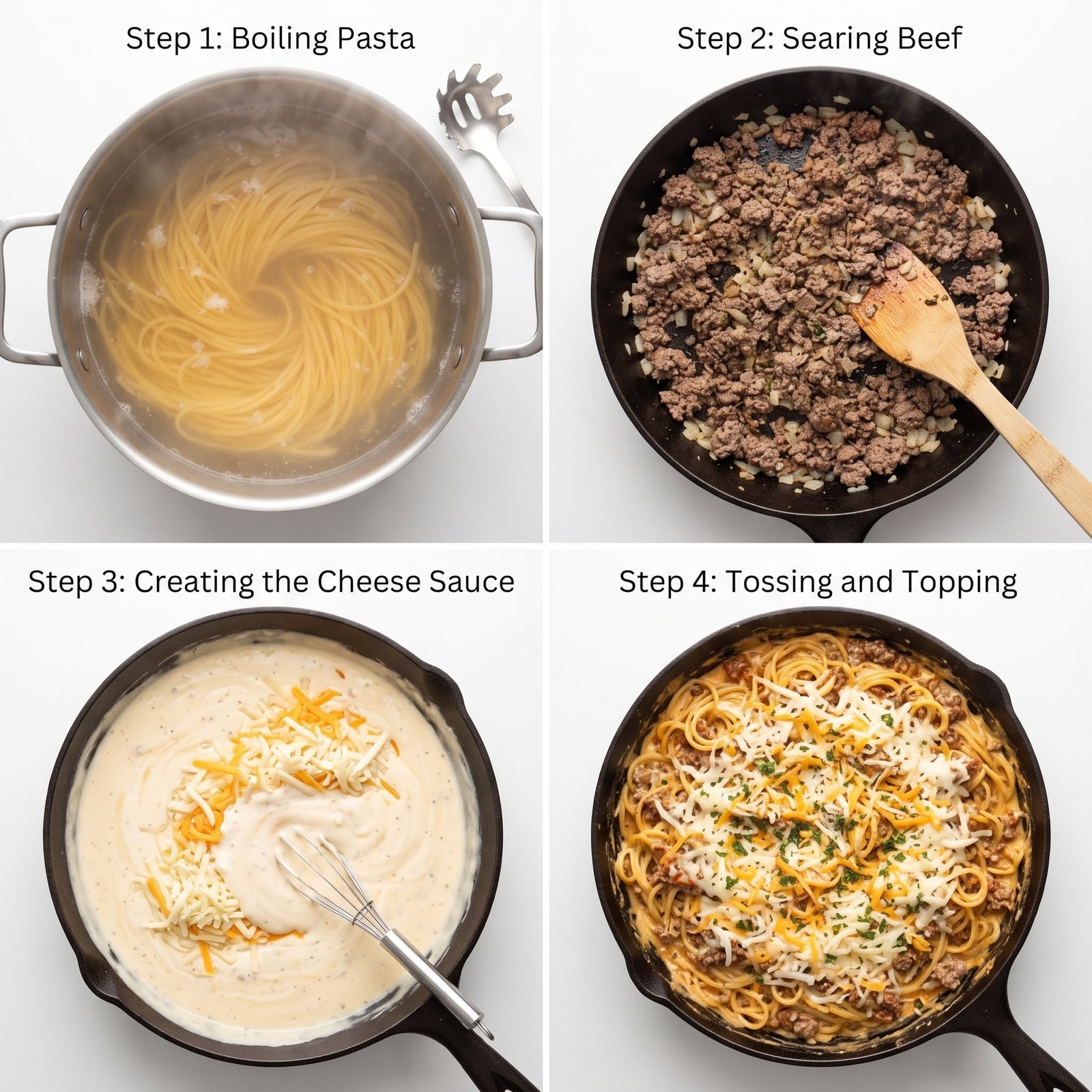 Cheesy Italian Herb Beef Spaghetti in Four-Cheese Cream Sauce