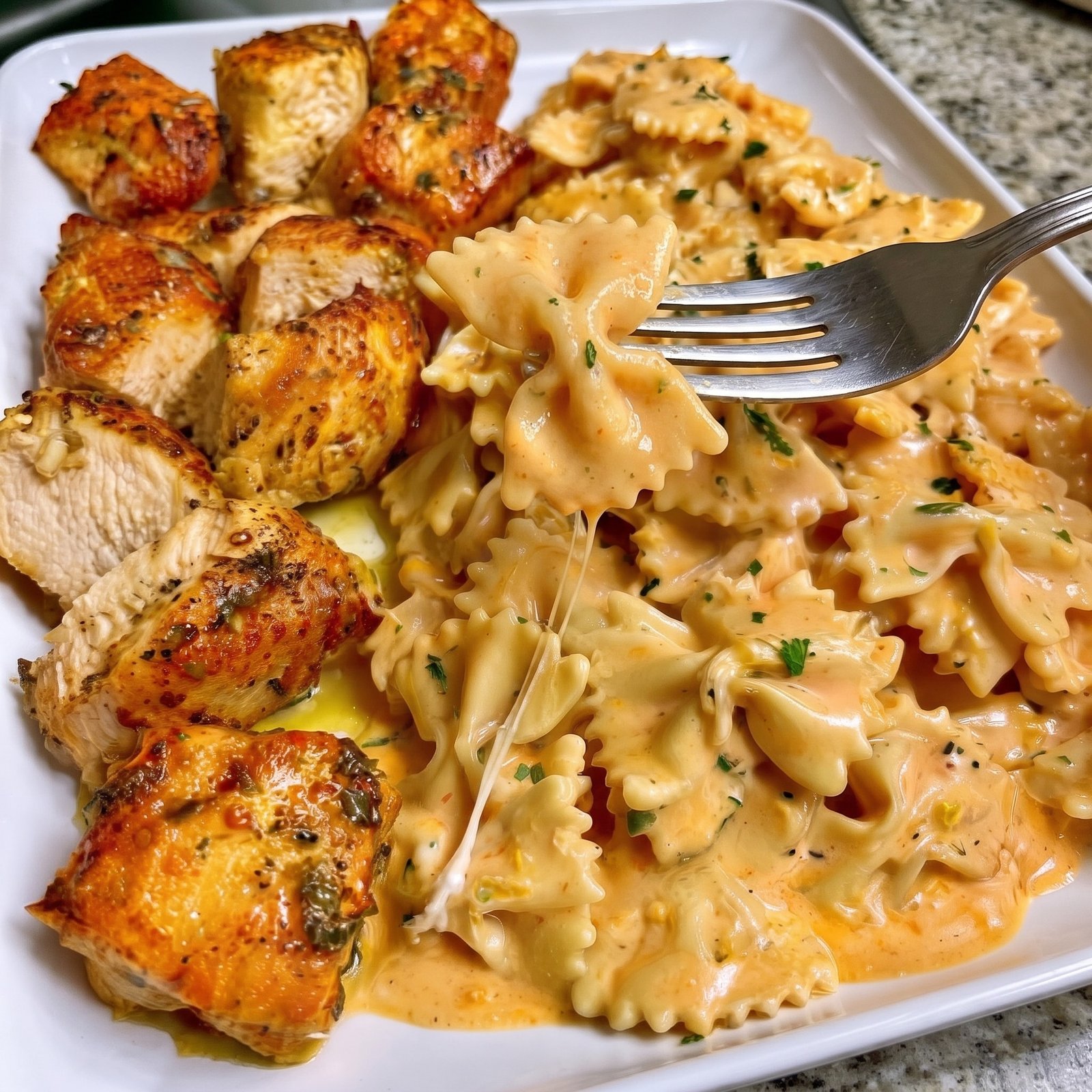 Garlic Butter Chicken with Creamy Velveeta Parmesan Bowties