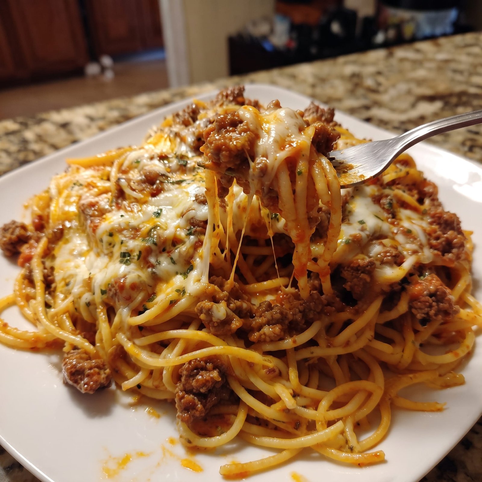 Cheesy Italian Herb Beef Spaghetti in Four-Cheese Cream Sauce