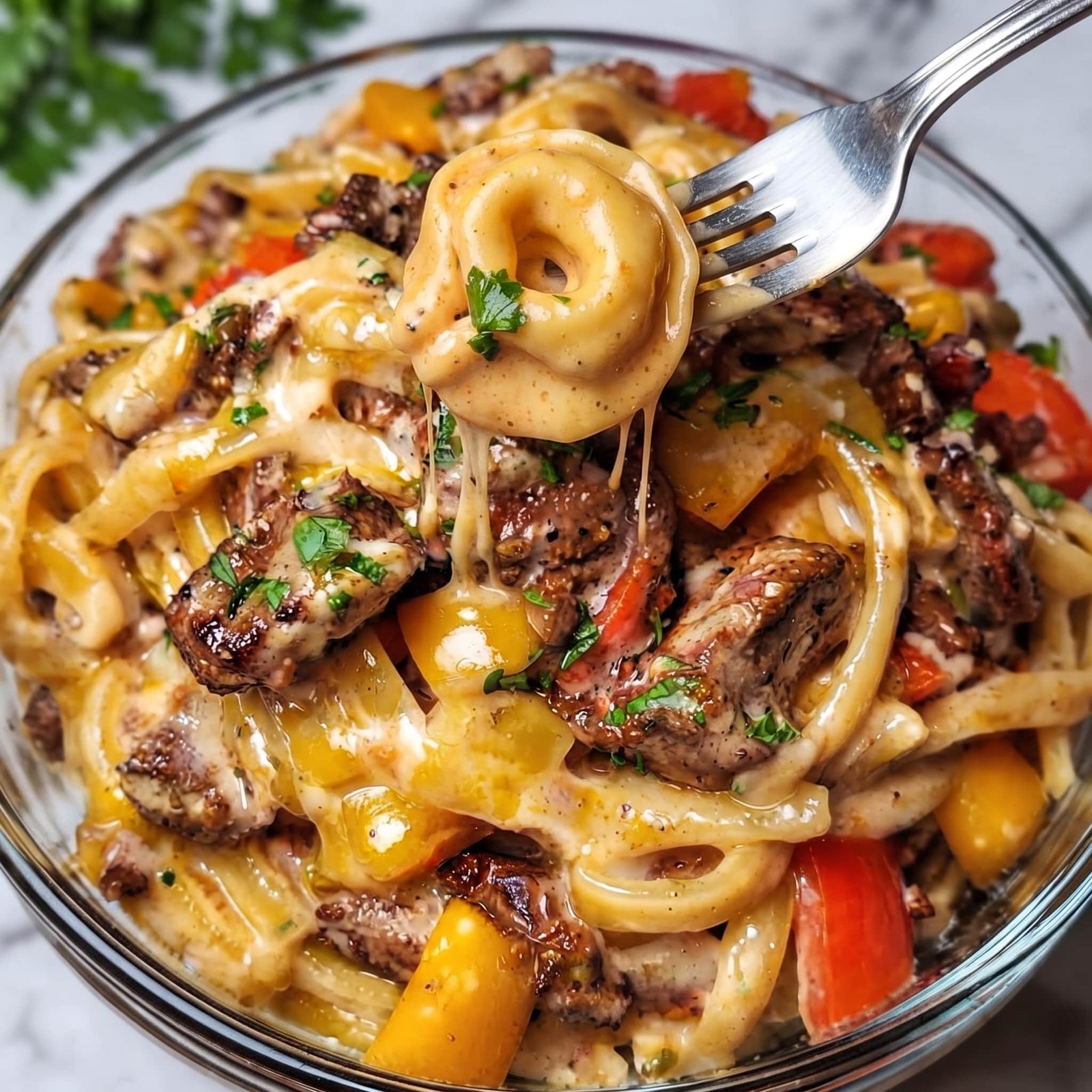 Home 6 Steak Bites Linguine with Bell Peppers