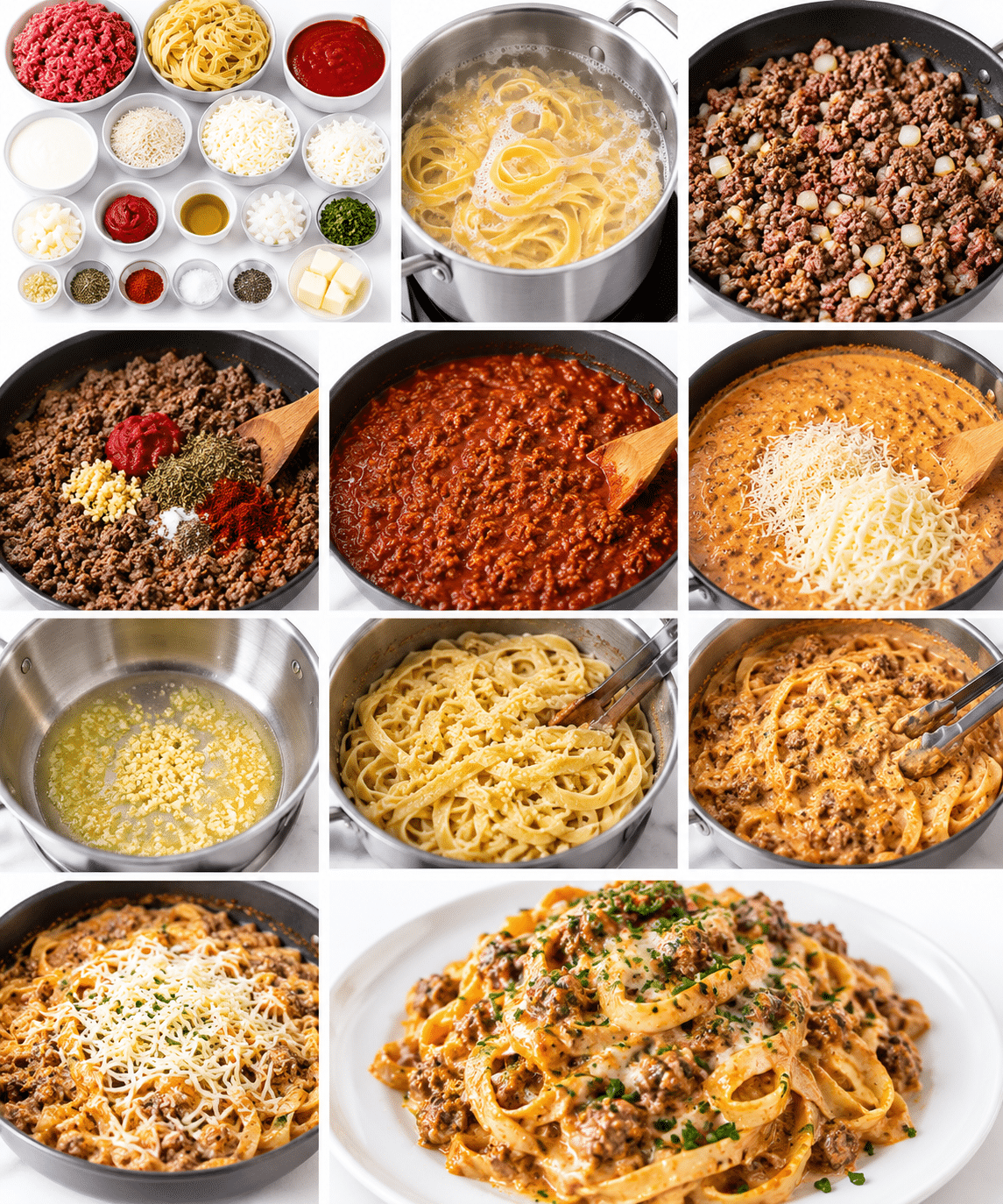 Creamy Ground Beef Bolognese Pasta with Melted Mozzarella