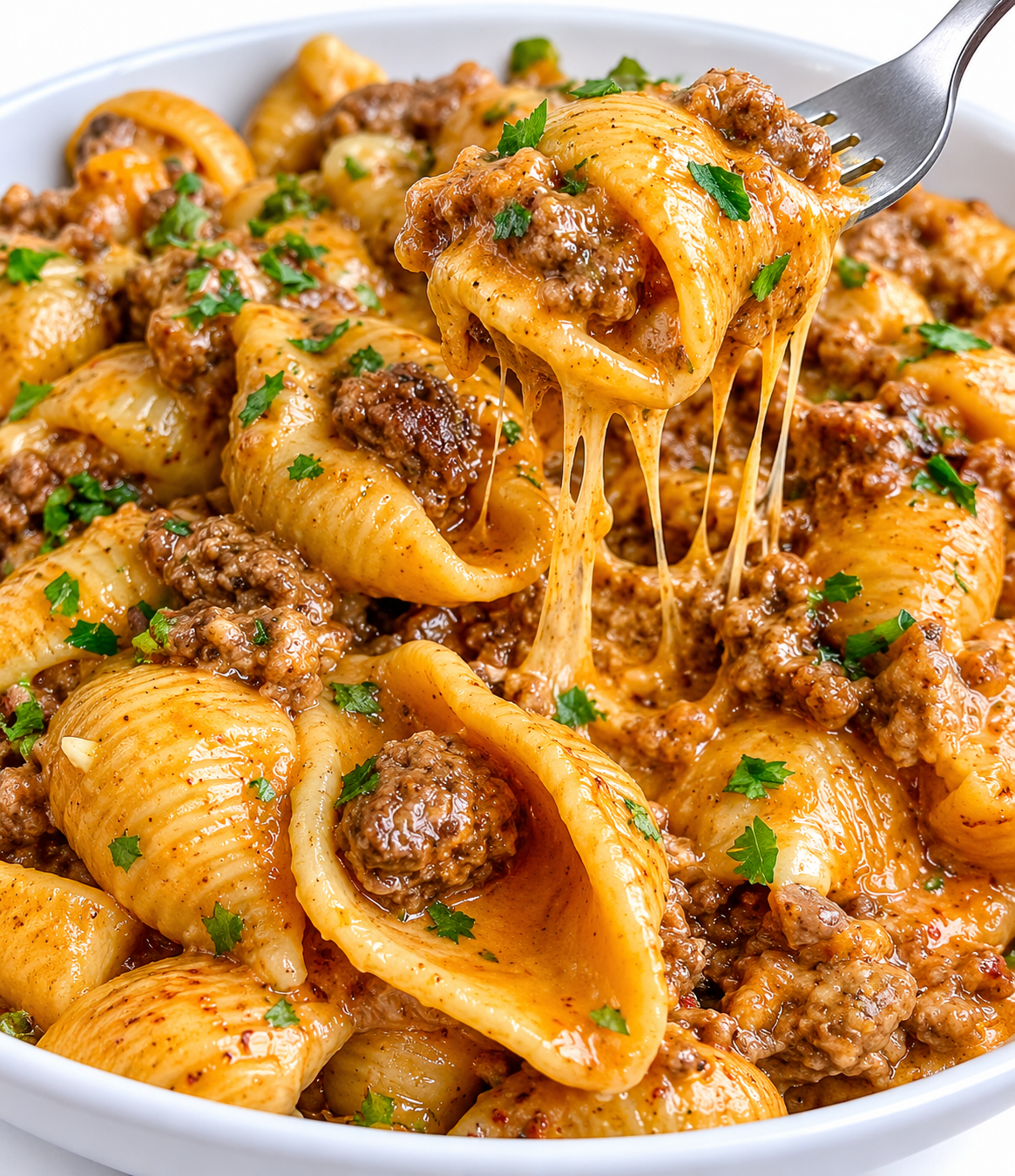 Loaded Cheeseburger Shell Pasta in Garlic Cheddar Cheese Sauce