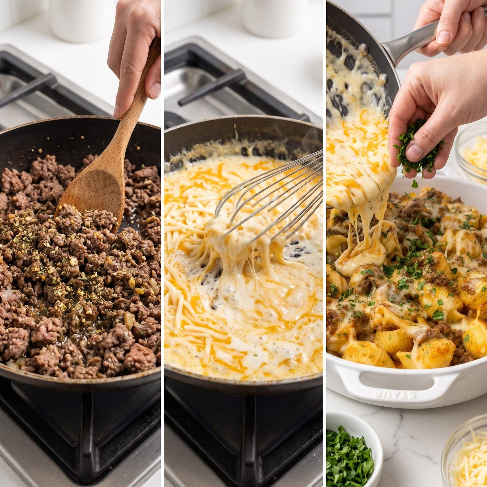 Parmesan Ground Beef Shells in Creamy Four-Cheese Sauce