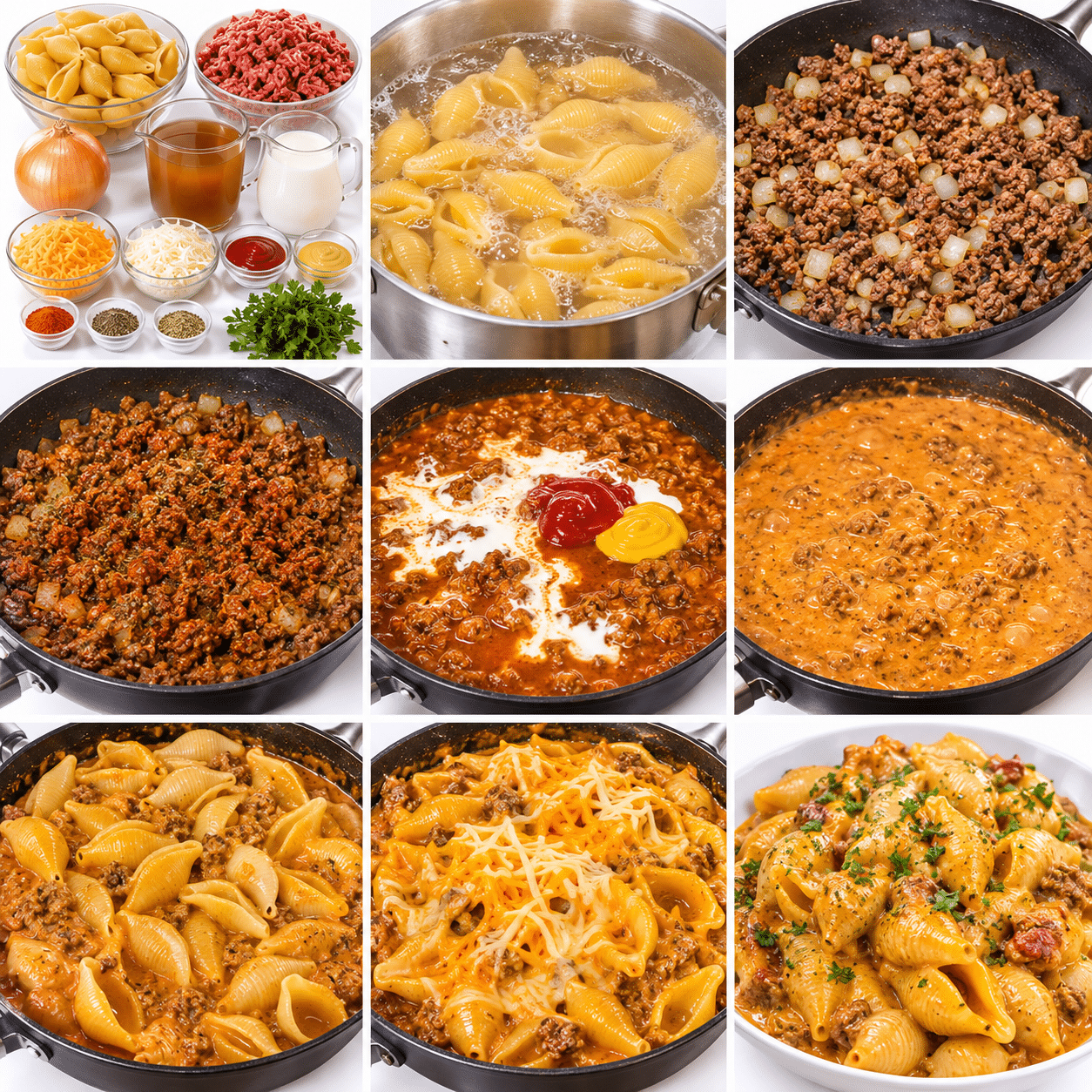Loaded Cheeseburger Shell Pasta in Garlic Cheddar Cheese Sauce