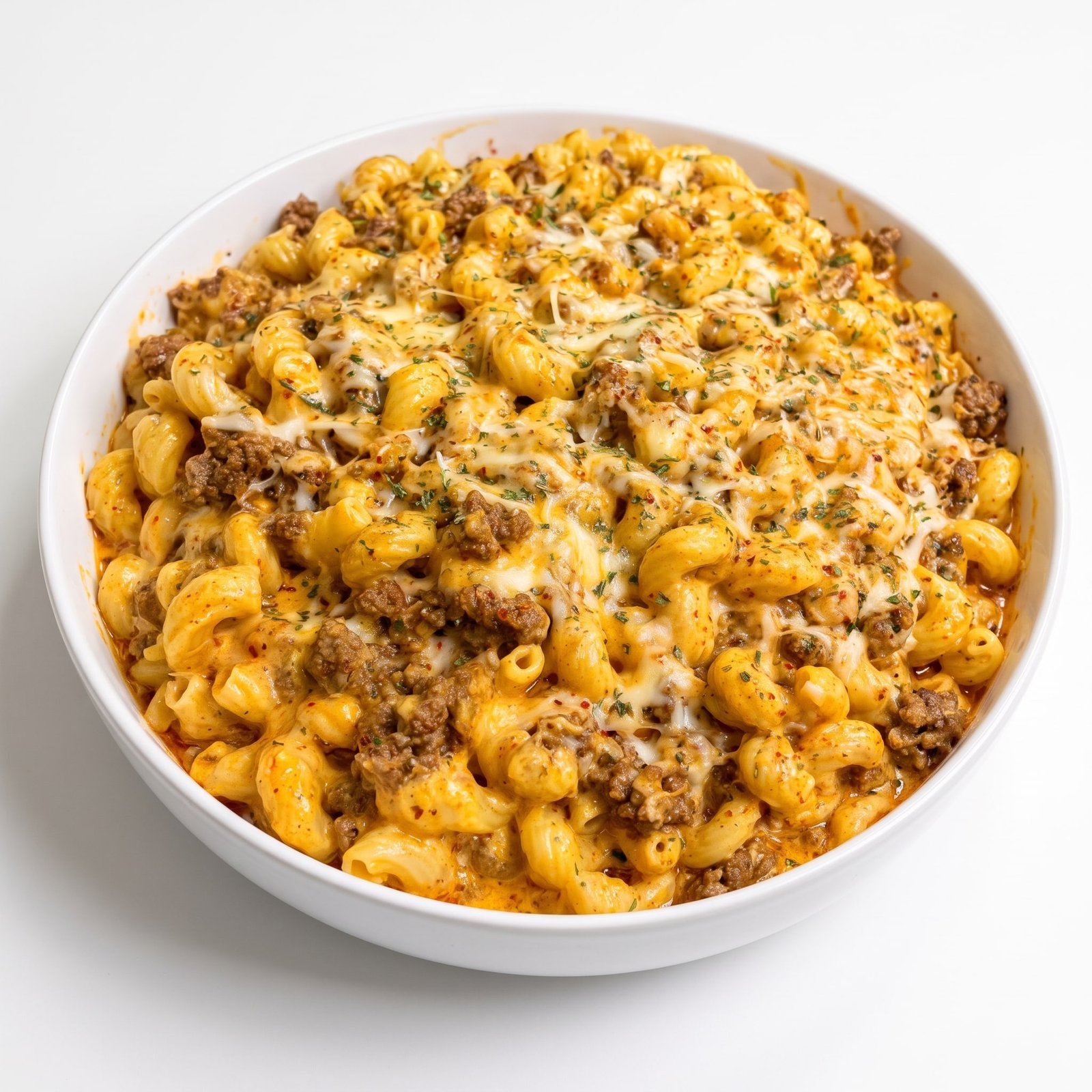 Cajun Ground Beef Elbow Macaroni in Cheddar Parmesan Cream Sauce