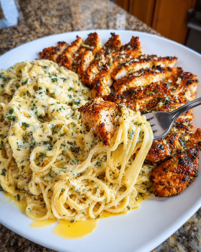 Mozzarella Parmesan Garlic Chicken with Creamy Spaghetti