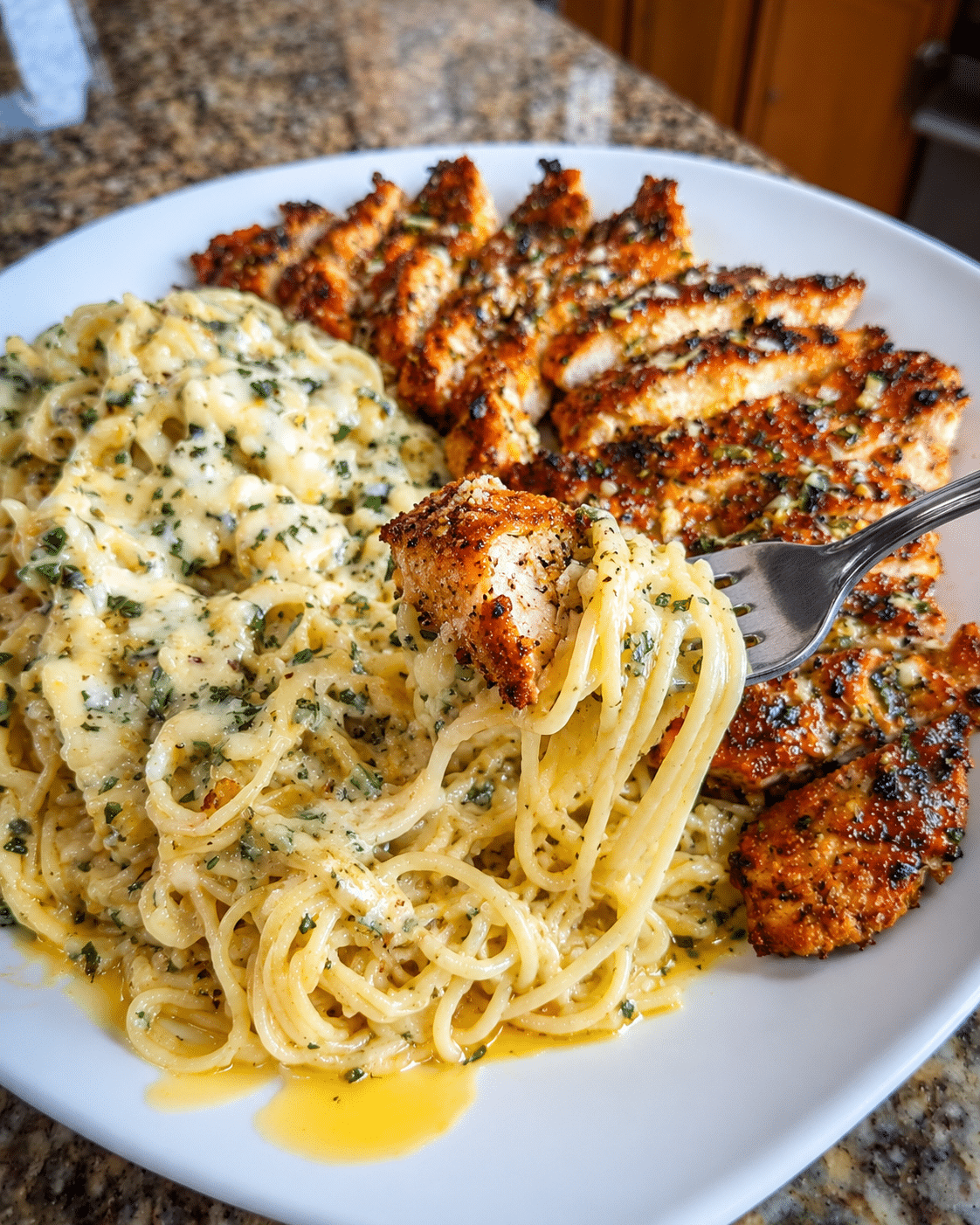 Home 2 Mozzarella Parmesan Garlic Chicken with Creamy Spaghetti