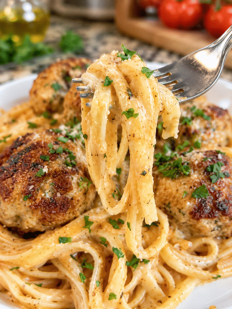 Italian Herb Meatballs with Garlic Parmesan Cream Pasta