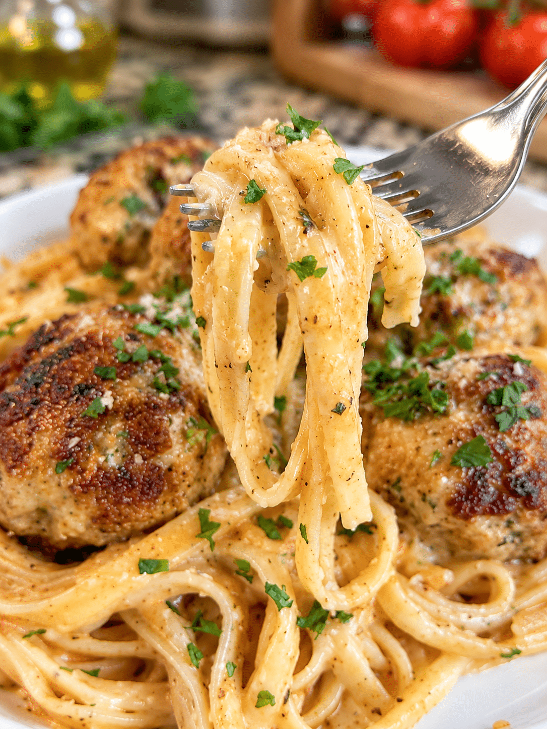 Home 2 Italian Herb Meatballs with Garlic Parmesan Cream Pasta