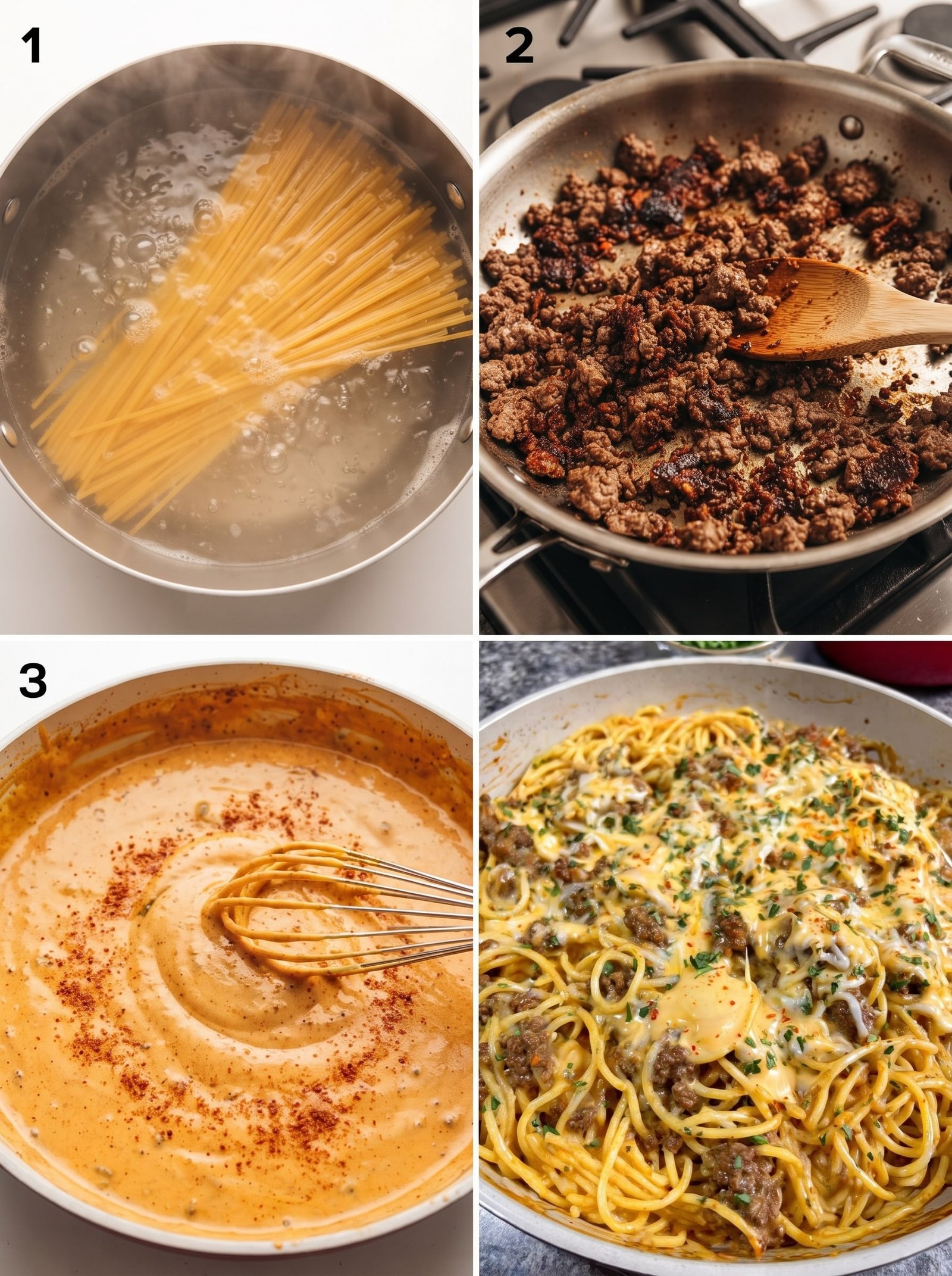 Ground Beef Spaghetti in Three-Cheese Parmesan