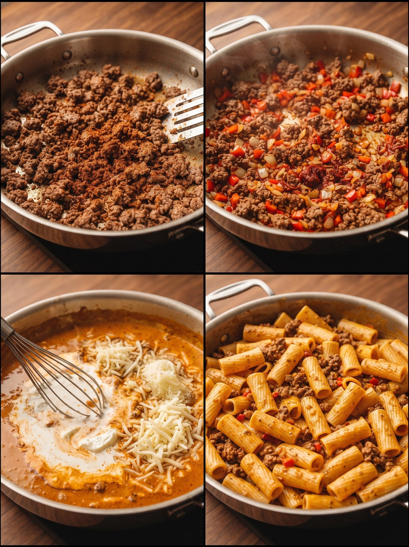 Ground Beef Rigatoni in Creamy Three-Cheese