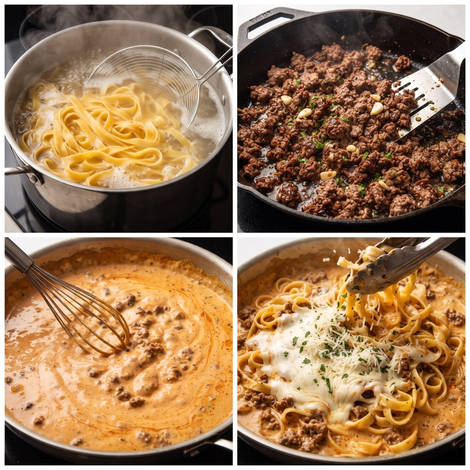 Mozzarella Beef Fettuccine in Creamy Tomato