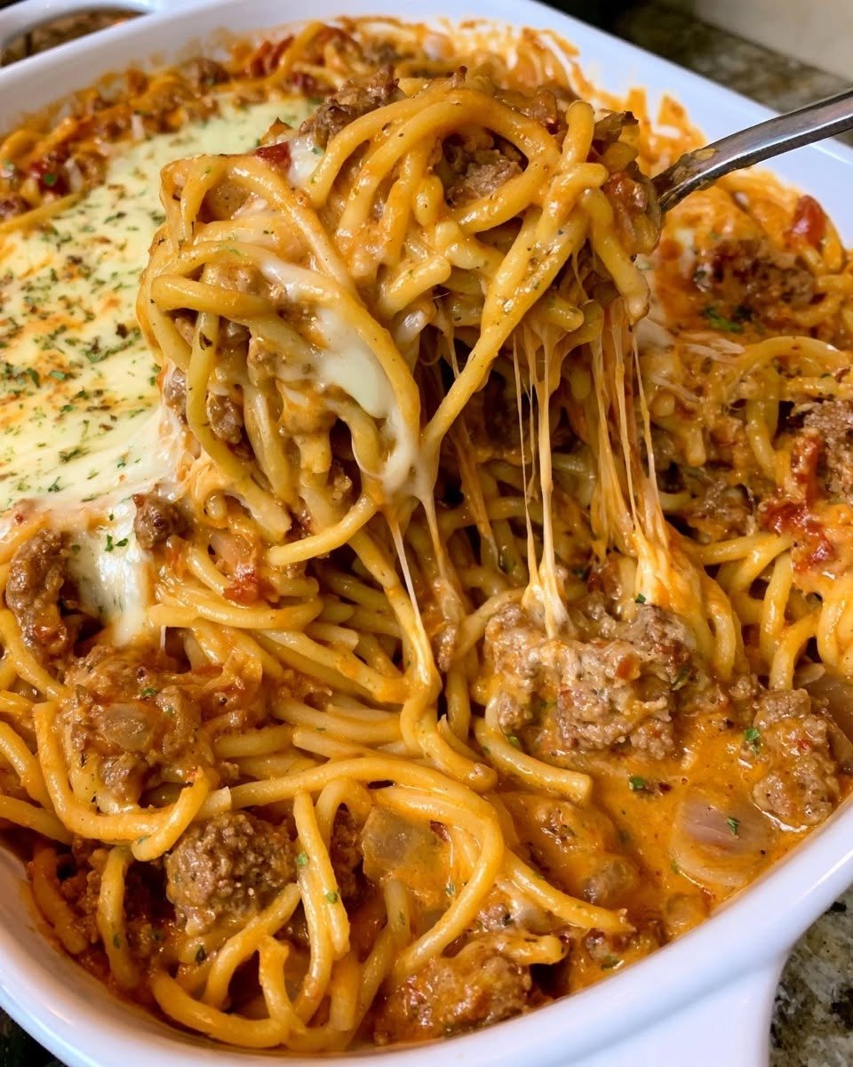 Cream Cheese Baked Spaghetti with Beefy Marinara and Three Cheeses