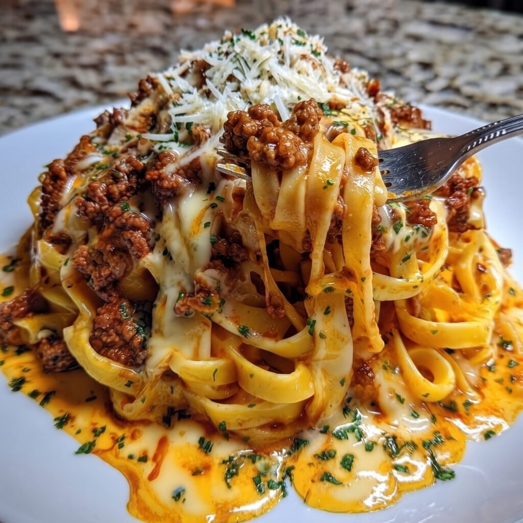 Mozzarella Beef Fettuccine in Creamy Tomato
