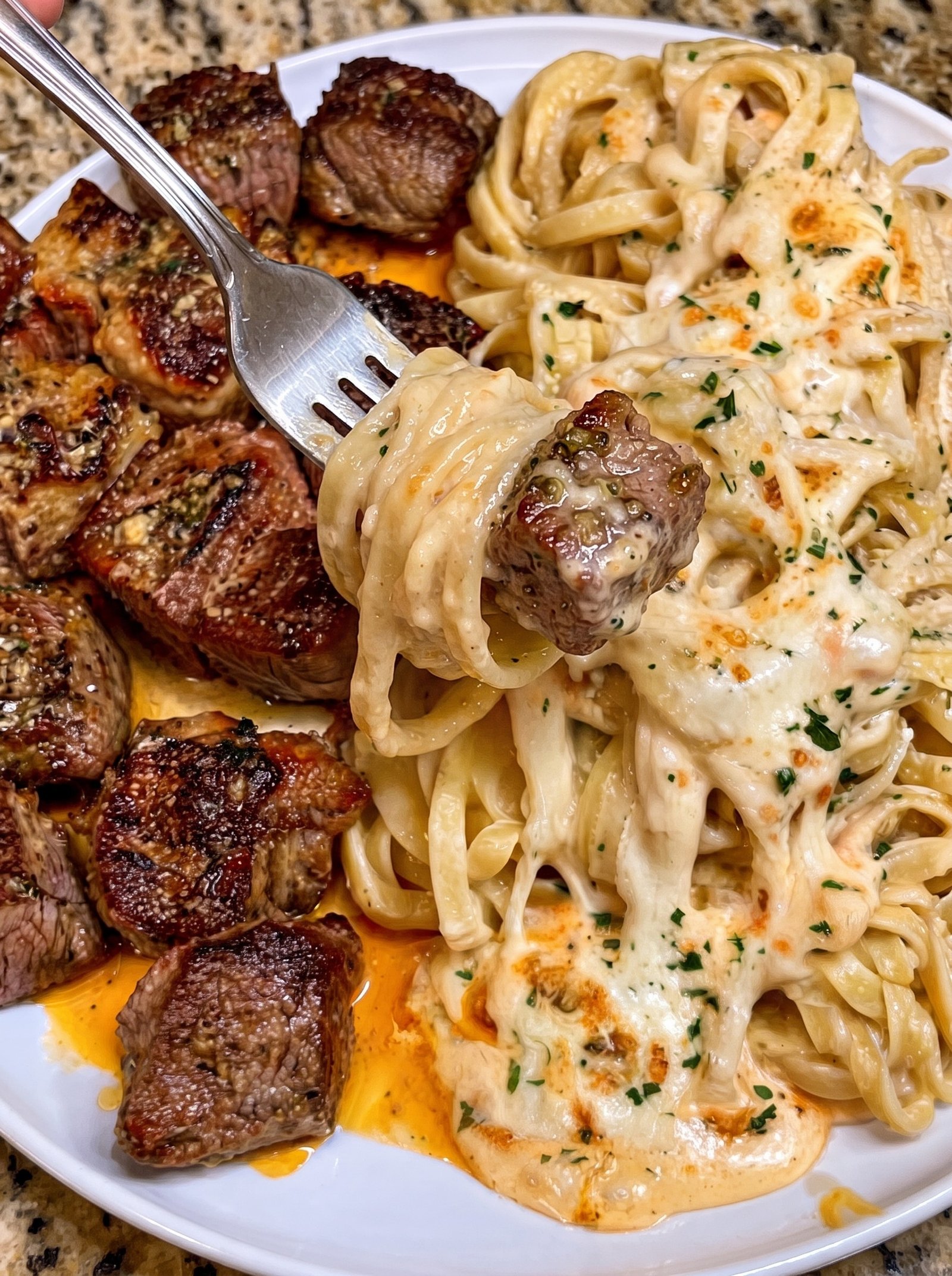 Parmesan Steak Bites with Provolone Fettuccine