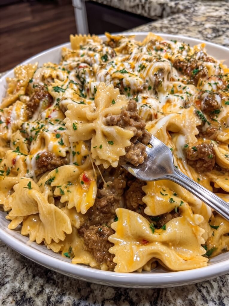Cheesy Garlic Butter Beef Bowties with Creamy Mozzarella Sauce