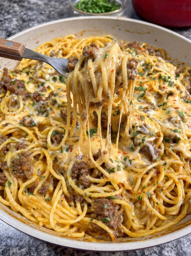 Ground Beef Spaghetti in Three-Cheese Parmesan