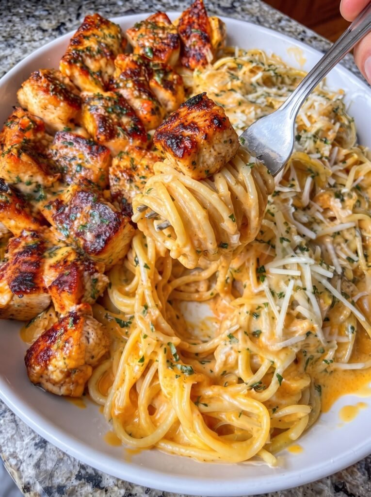 Garlic Butter Chicken Spaghetti in Three-Cheese