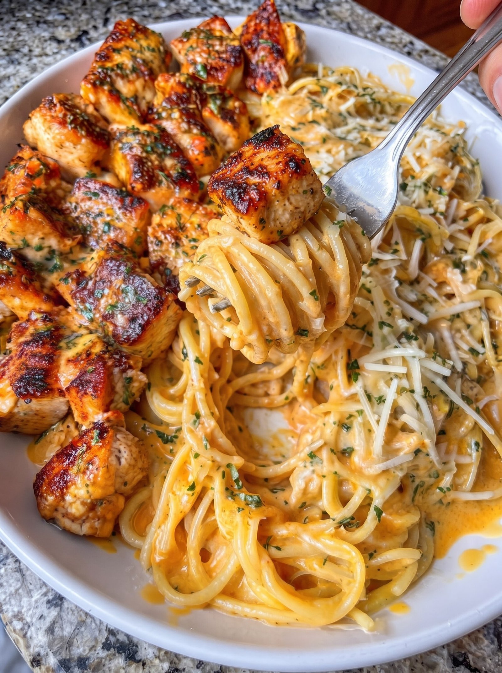 Garlic Butter Chicken Spaghetti in Three-Cheese