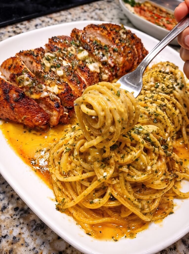 Mozzarella Chicken with Creamy Spaghetti Cheddar