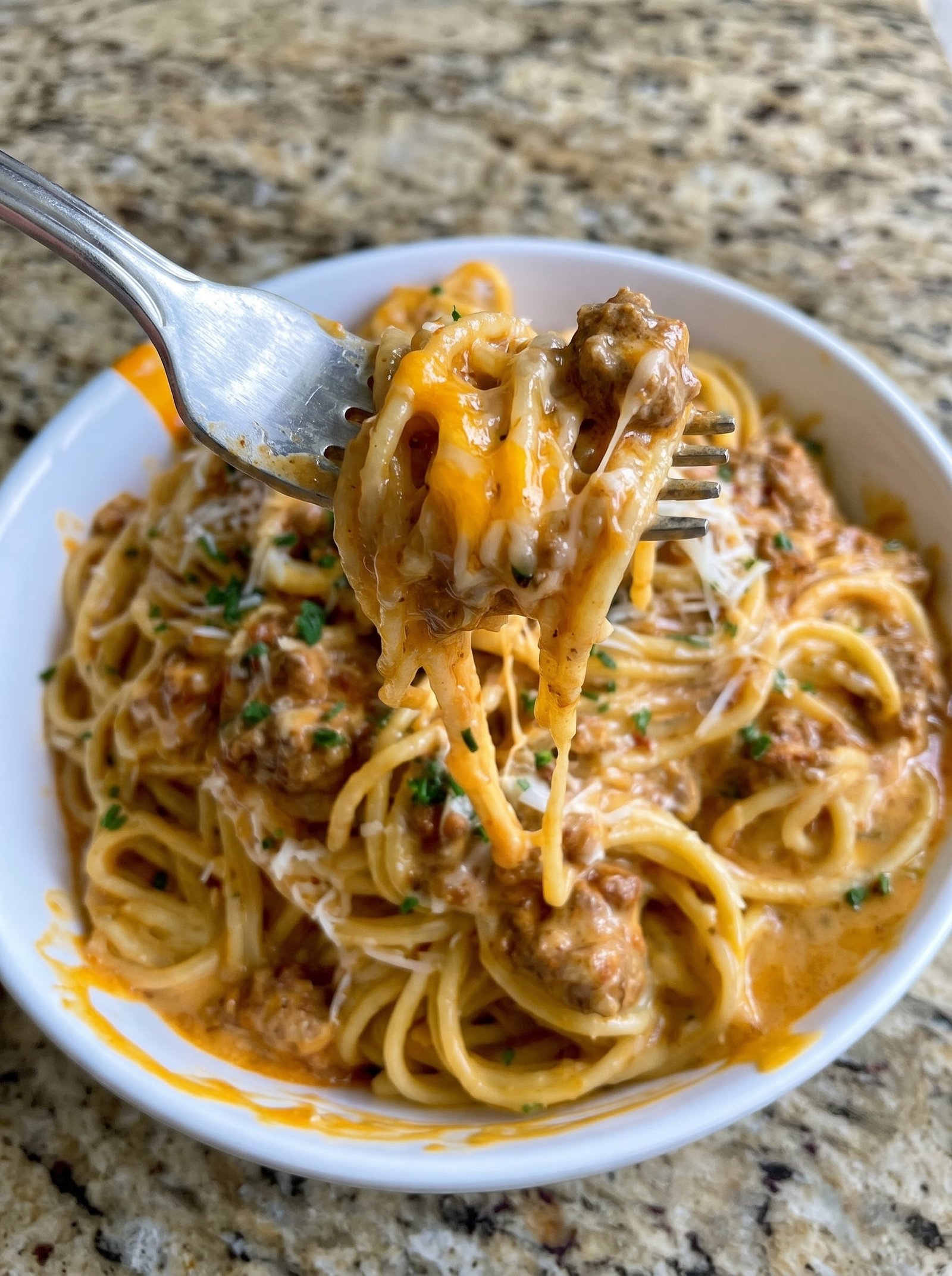 Home 2 Buffalo Ground Beef Spaghetti in Cheddar Ranch Cream Sauce